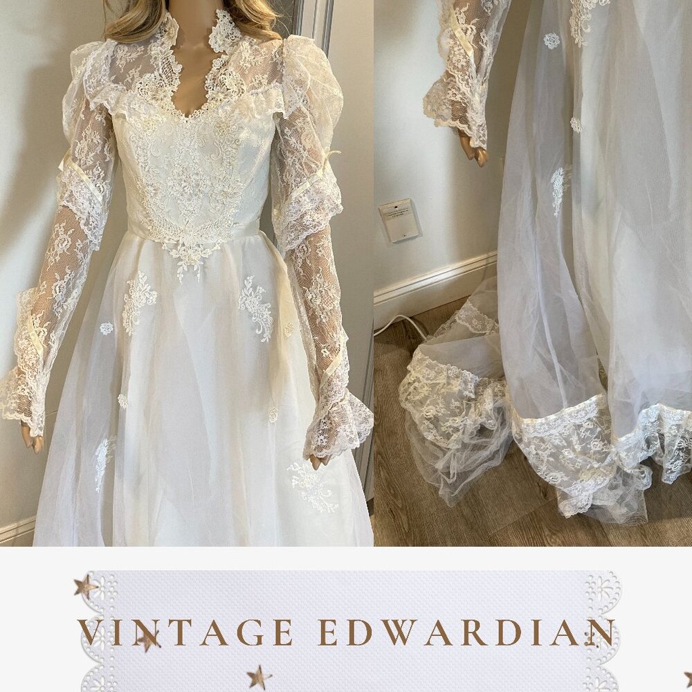 Vintage White Pouf Long Sleeve Traditional Wedding Gown Bridal Dress Size XS/S